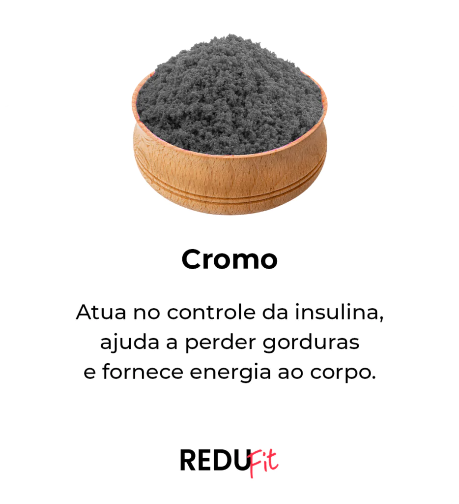 Cromo ingrediente do Redufit — controle da insulina, queima de gordura e energia para o corpo